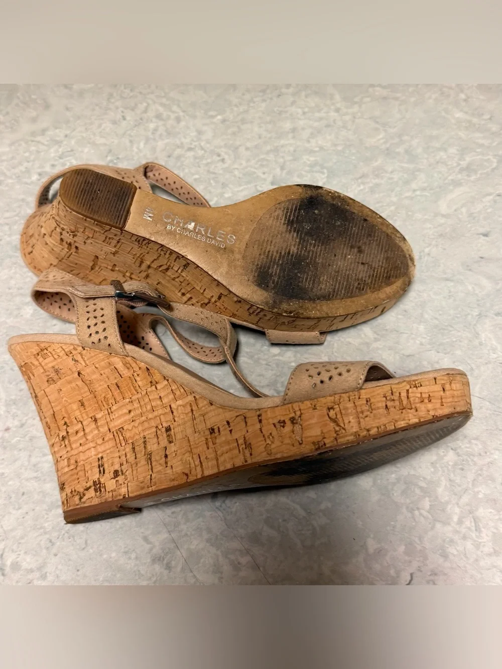 Charles David Women's Beige Suede 4.5” Wedge Sandals with Ankle Strap size 8